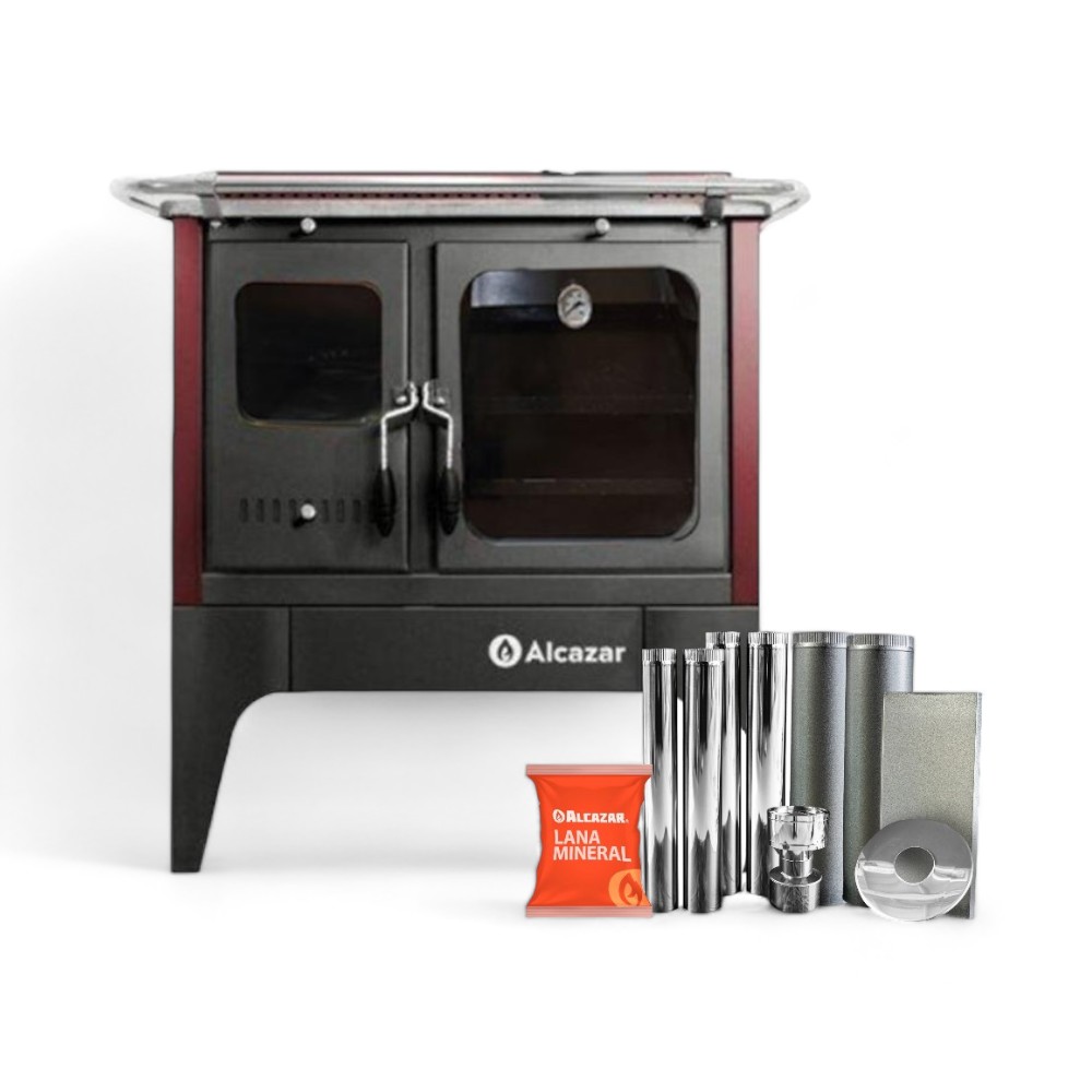 Cocina Leña Alcazar S-900 Burdeo + Kit Caño Acero 6