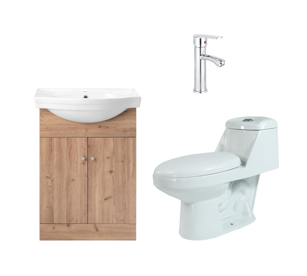 Pack Renovación Baño - WC One Piece Valdivia + Monomando Alabama + Mueble Marie Rústico