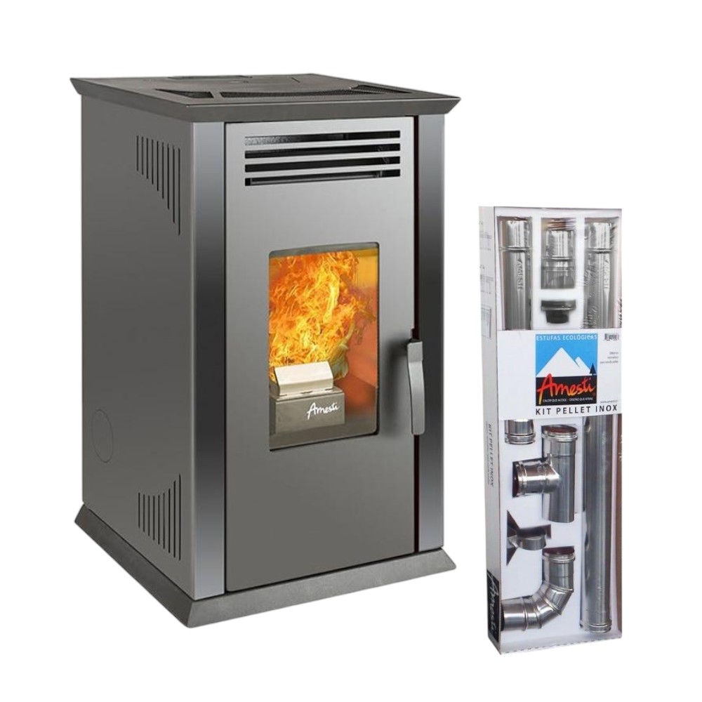 Calefactor Pellet Amesti Italy 8100 Negro + Kit Muro Inox