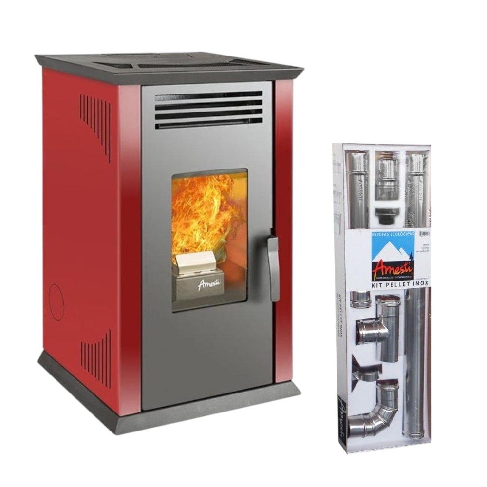 Calefactor Pellet Amesti Italy 8100 Rojo + Kit Muro Inox
