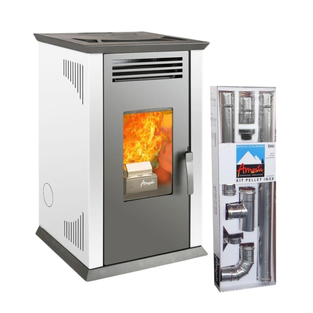 Calefactor Pellet Amesti Italy 8100 Blanco + Kit Muro Inox