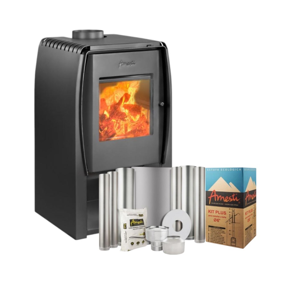 Calefactor Leña Amesti Nordic 450 Negro + Kit Instalación 6"