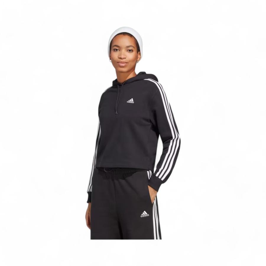 Poleron Corto Mujer Adidas 3 Tiras French Terry Negro