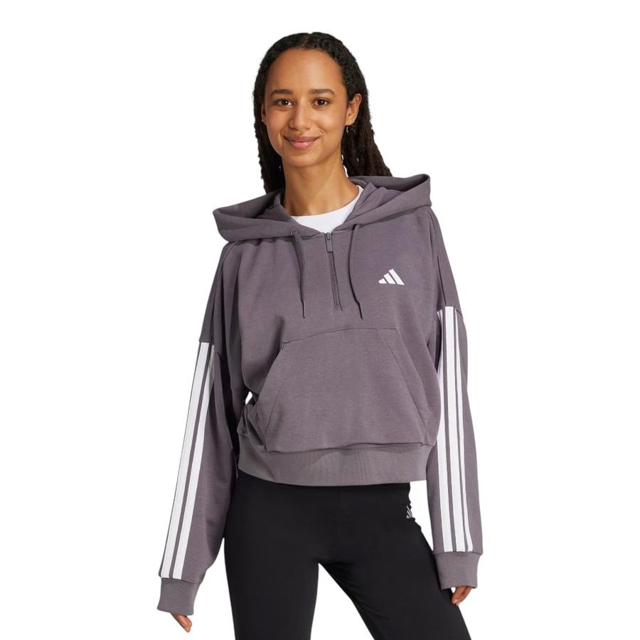 Polerón Con Capucha Essentials 3 Bandas Mujer Adidas Gris