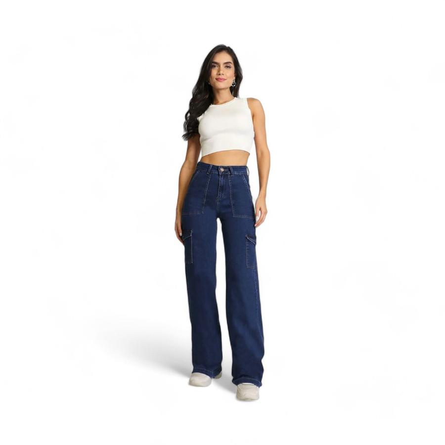 Jeans Mujer Amalia Jeans 4838 Wide Leg Cargo Azul