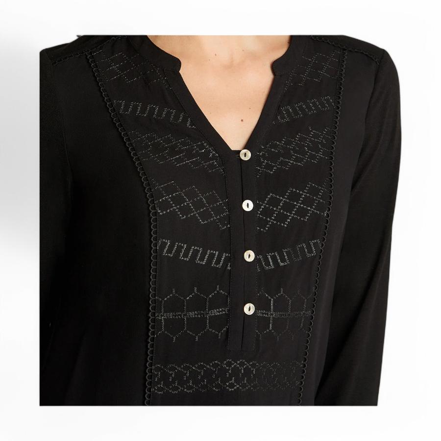 Polera Manga Larga Mujer Curvi con Macrame y Bordado Negro