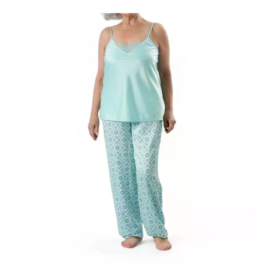 Set Pijama Flores Polera + Pantalón Satín Celeste