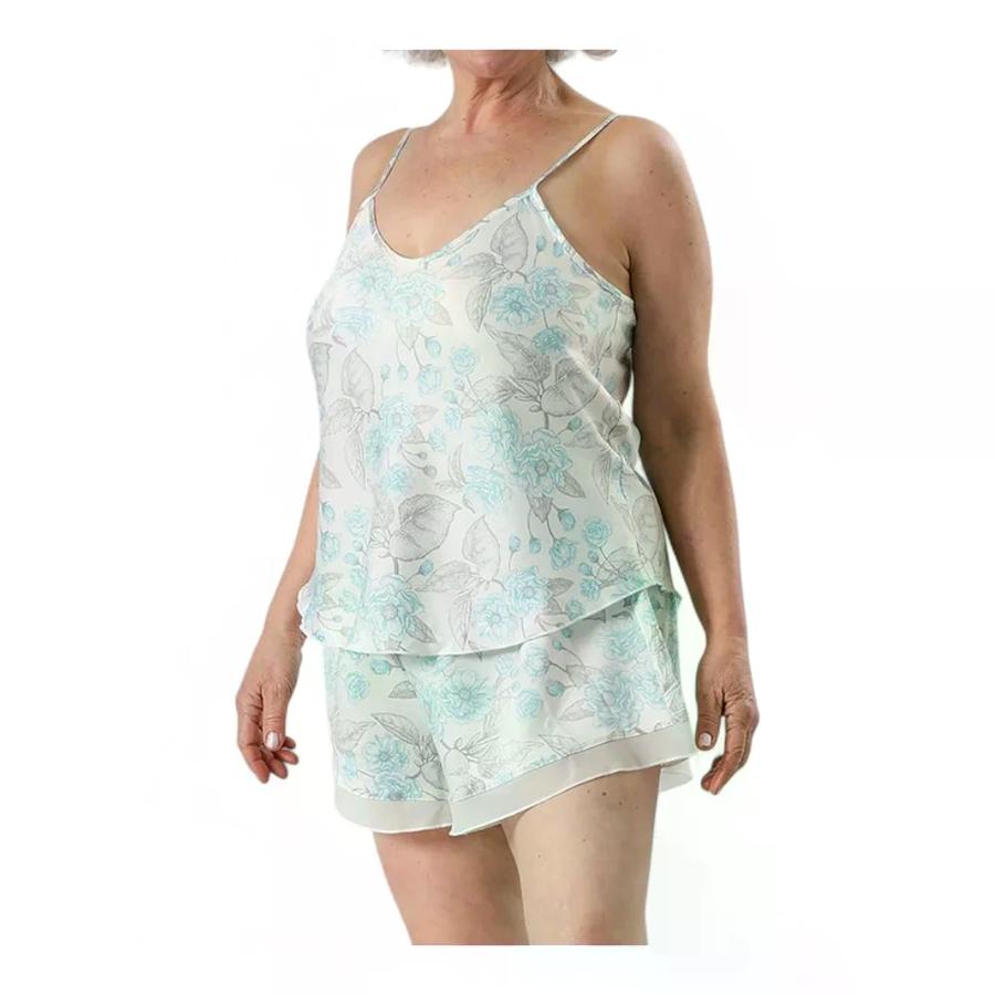 Set Pijama Top Flores + Short Satin Celeste