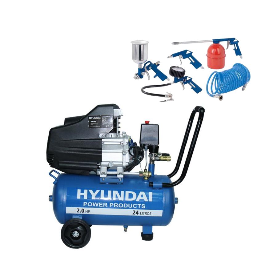 Combo Compresor de Aire Hyundai  2HP 24 Lt + Kit 5 piezas