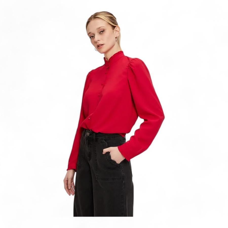 Blusa Lisa Manga Larga Botones Mujer IO Rojo