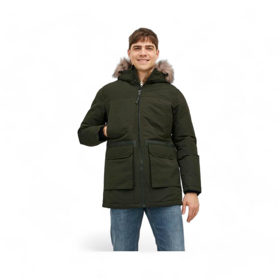 Parka Hombre Jack Jones Gorro Peludito Verde Oscuro
