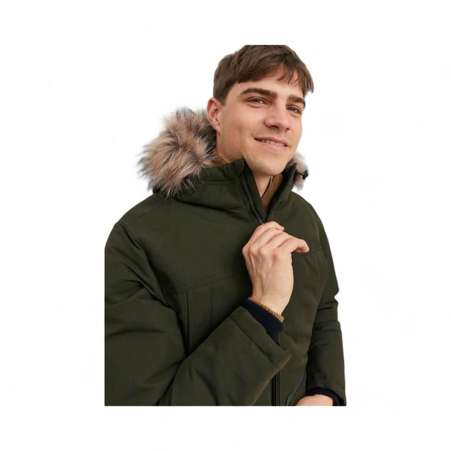 Parka Hombre Jack Jones Gorro Peludito Verde Oscuro