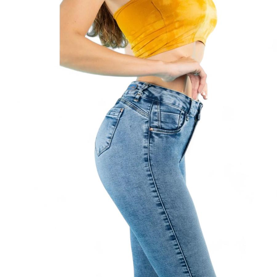 Jeans Skinny Push Up Mujer Mohicano Tiro Medio Celeste