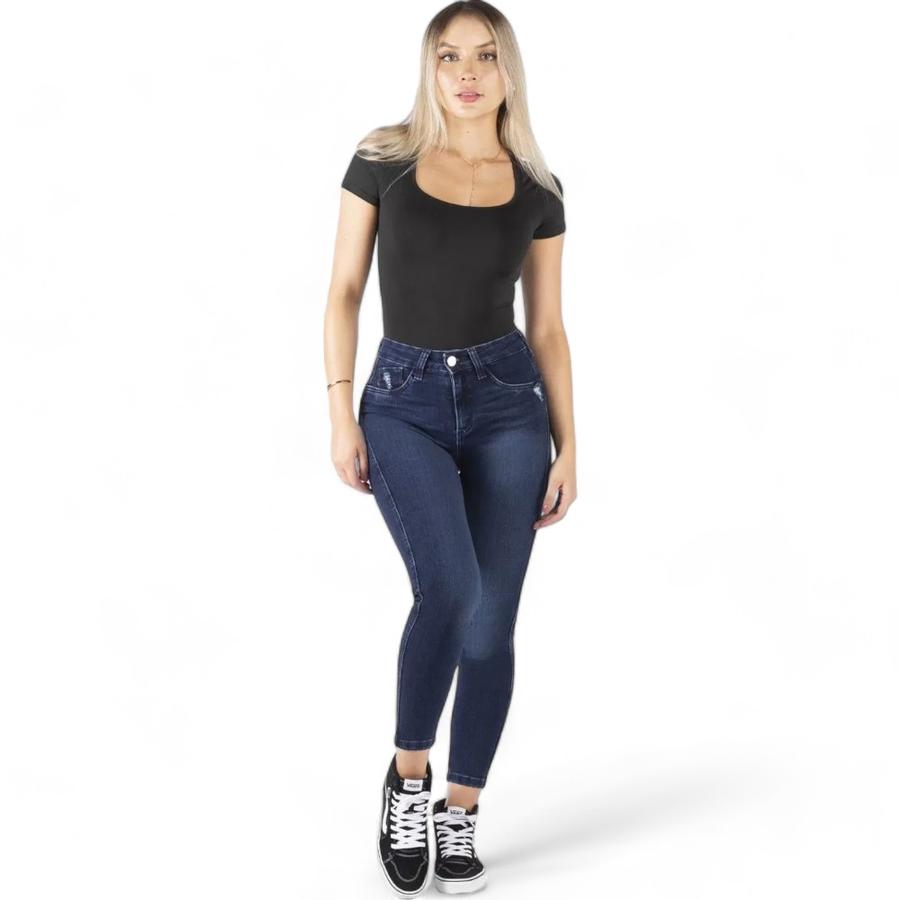 Jeans Skinny Push Up Mujer Mohicano Tiro Medio Azul