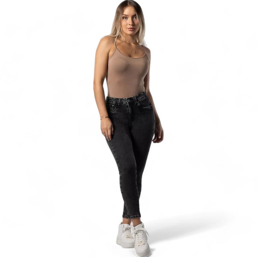 Jeans Skinny Push Up Mujer Mohicano Tiro Alto Gris