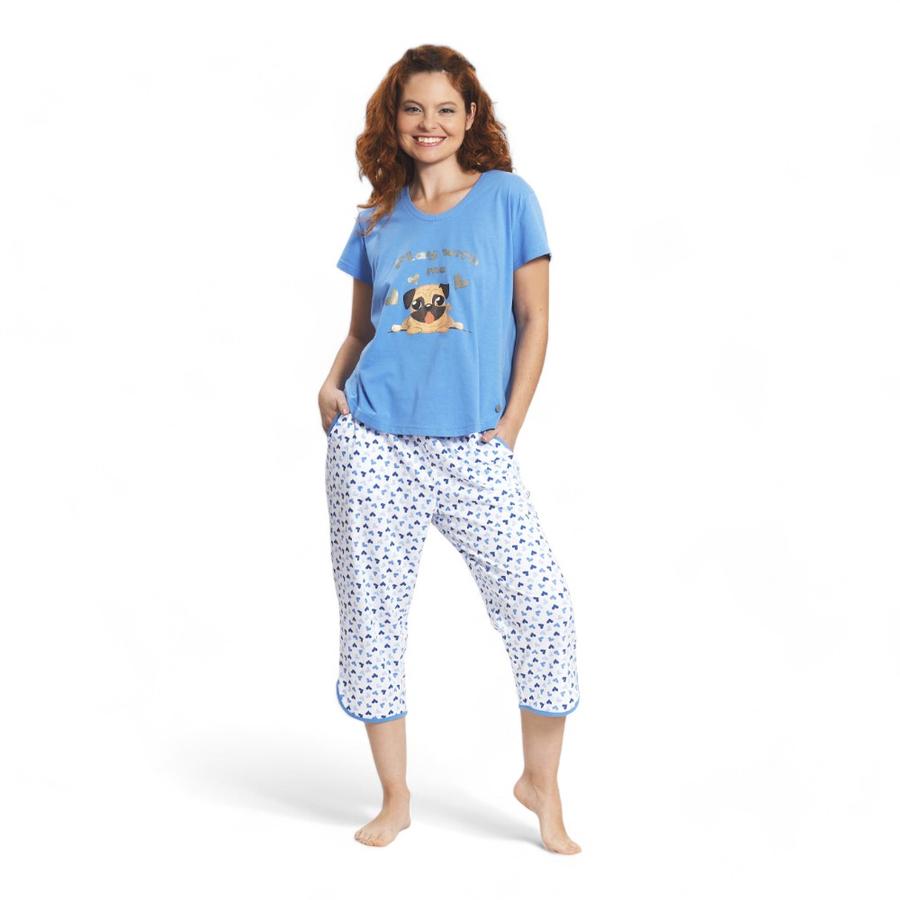 Pijama Capri Diseño Perro Mujer Mon Amour Celeste