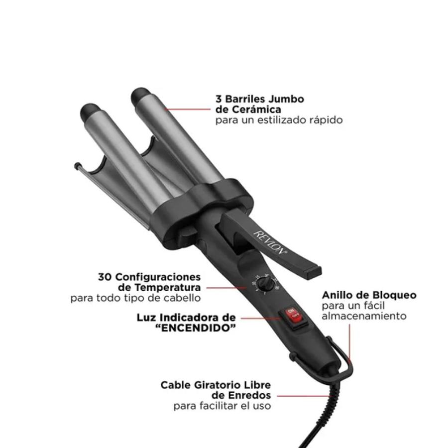 Ondulador De Pelo Revlon Waver Jumbo 3 Barriles Negro