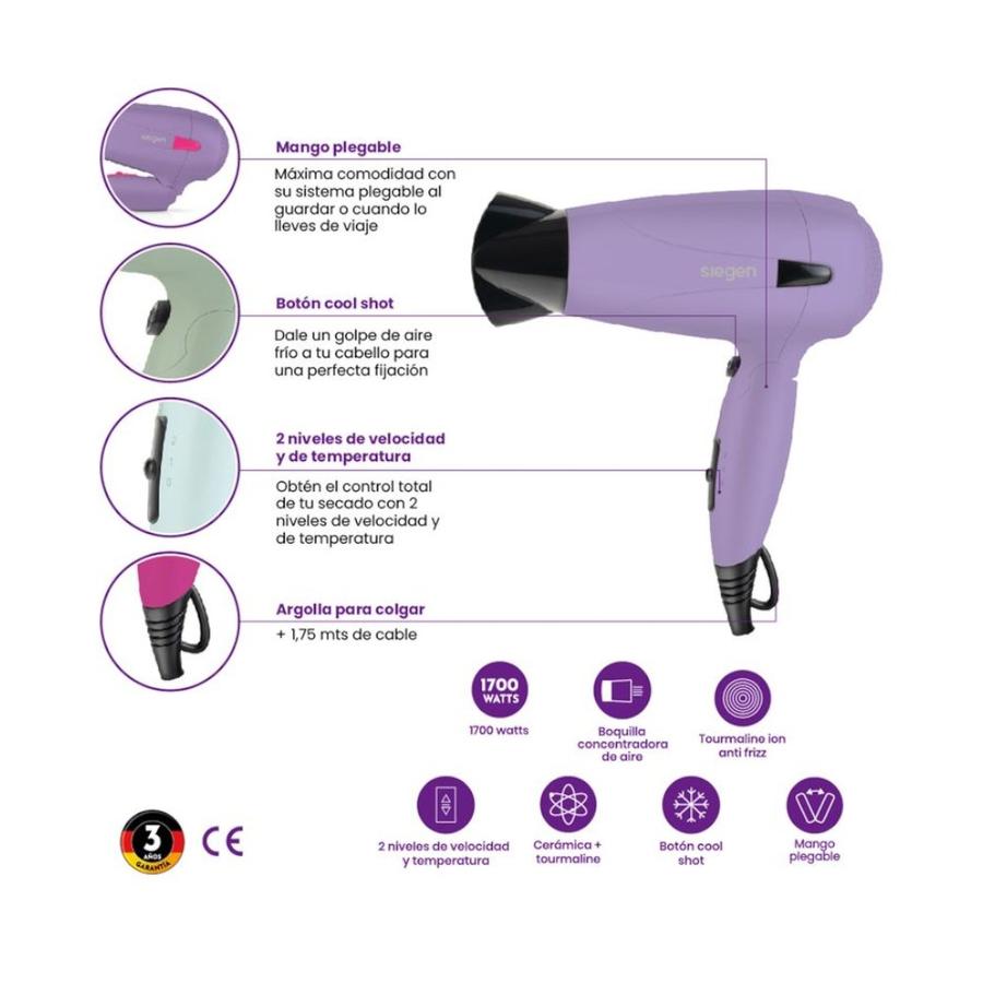 Secador de Pelo Siegen Lets Go Travel 1700W Lila