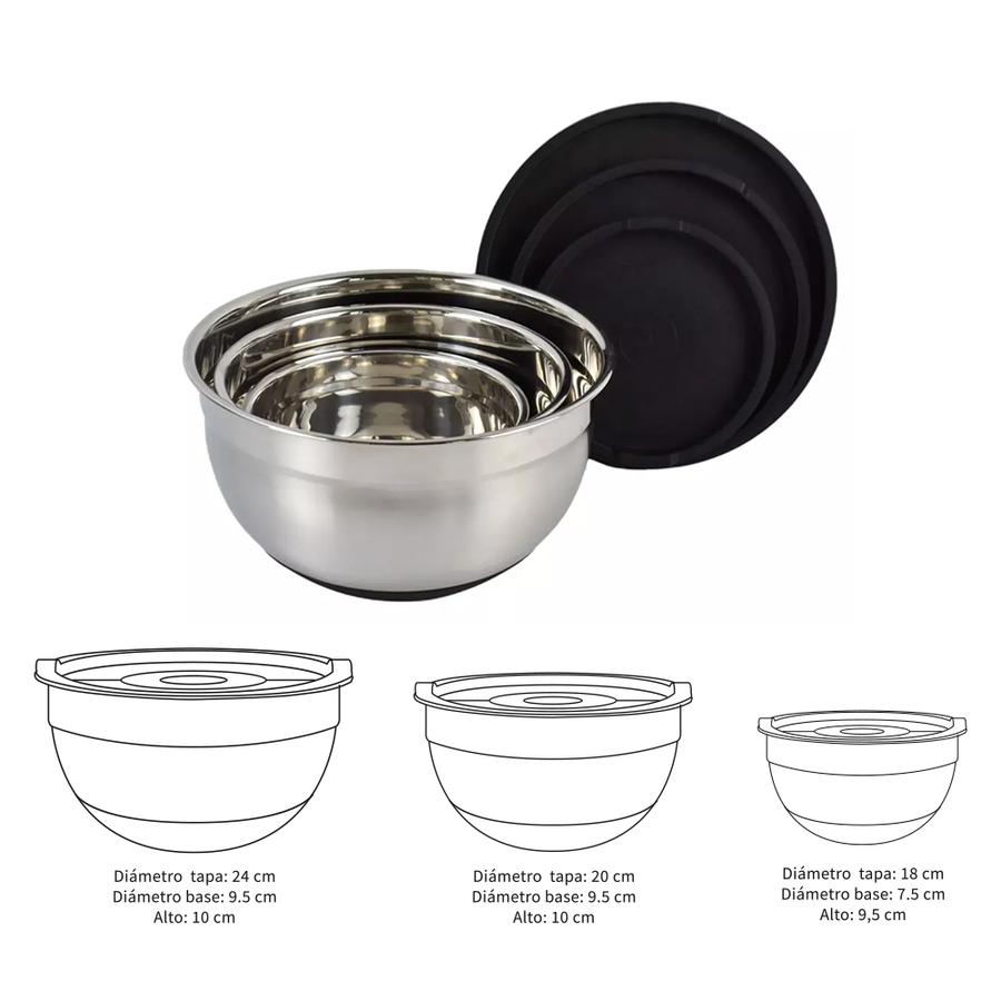 Set 3 Bowls Con Tapa Acero Inoxidable Antideslizante Simplit