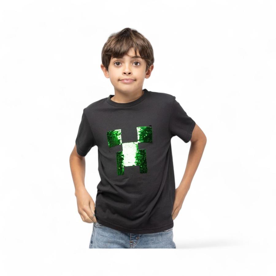 Polera Infantil TBC Minecraft Lentejuelas Manga Corta Negro