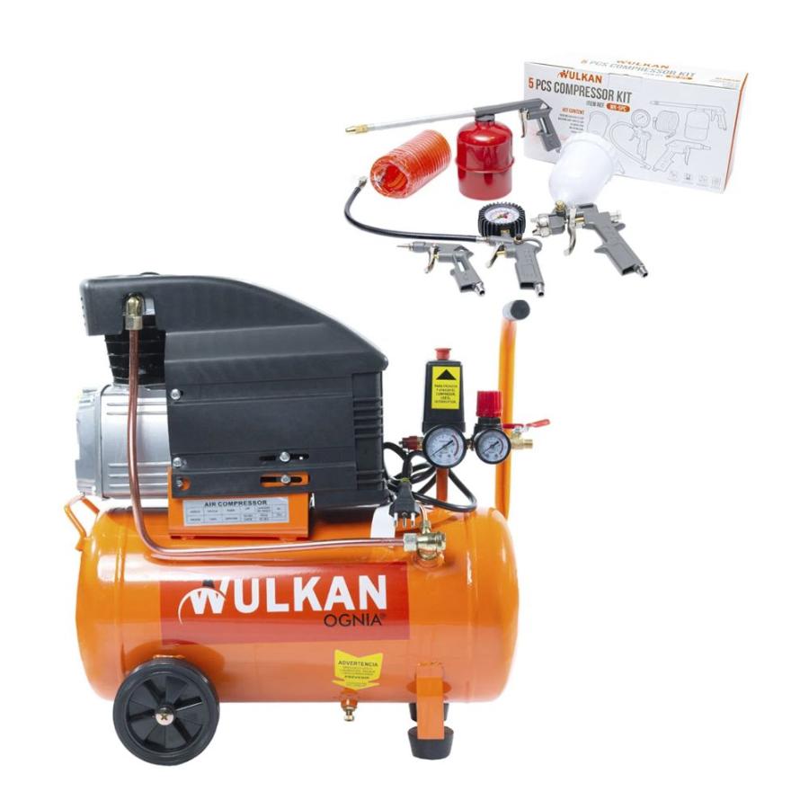 Motocompresor Wulkan 25 Lts 2 Hp + Kit De 5 Piezas